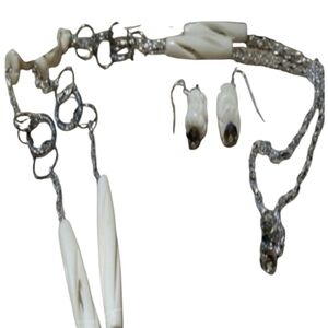 Necklace 32-33" L & Earring 1-1/4" Drop Set Bone Colored Handcrafted